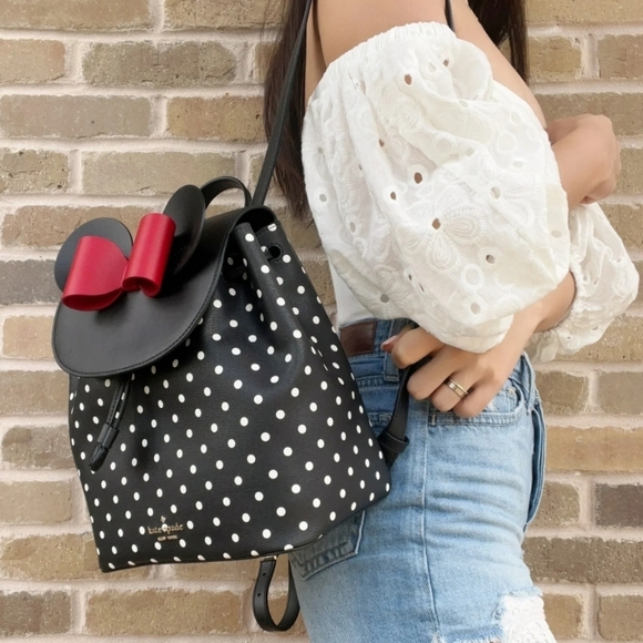 KATE SPADE DISNEY MINNIE MOUSE BACKPACK BLACK WHITE POLKA DOT LEATHER RED BOW - Picture 3 of 9